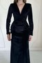 Women's Black Velvet Look V-Neck Rose Detailed Slit Maxi Dress - 3
