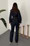 Women's Navy Blue Denim Jumpsuit Shirt Collar Belted Buttoned Long Sleeve Straight Leg - 5