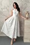 Women's Ecru Halter Neck Embroidered Lined Cotton Flared Maxi Dress - 2