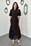 Women's Black Transparent Lined Belted Buttoned Balloon Sleeve Maxi Dress