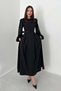 Women's Black Lace Detailed Belted Balloon Sleeve Midi Flared Dress