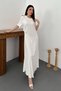 Women's Ecru Crew Neck Short Sleeve Pleated Long A-Line Cotton Dress - 2