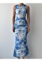 Women's Floral Pattern Blue Midi Dress Floral Pattern Tulle Draped Sleeveless Crew Neck - 3