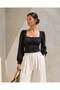 Black Square Collar Gathered Balloon Sleeve Crop Blouse 581478