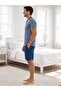 Men's Indigo Blue Buttoned Collar Cotton Shorts Pajamas Set Short Sleeve Summer Home Wear - 2