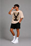 Beautiful Printed Beige T-Shirt and Black Shorts Set, Loose and Comfortable, Plus Size. - 3