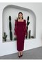 Women's Burgundy Midi Dress with Square Collar, Chiffon Balloon Sleeves and Ruffle Detail - 6