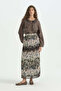 Patterned Chiffon Pleated Skirt with Elastic Waist - Brown