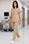 Women's V-Neck Bat Sleeve Beige, Pomegranate Flower Cotton Linda Scrubs Set - 7