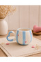 Heart Handle Blue Stripe Pink Heart Patterned Special Embossed Fully Handmade Ceramic Mug