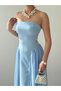 Women's Baby Blue Strapless Midi Dress with Gathered Waist Detail Chiffon Atlas Evening Dress - 7