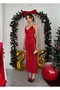 Women's Red Midi Dress with Straps, V-Neck, Sequins and Open Back - 6