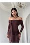 Women's Coffee Color Long Boat Neck Draped Dress with Tie Detail and Long Sleeves - 5