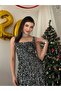Women's Black Sequined Square Neck Strap Midi Length Flared Cut Event Dress
