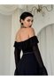 Women's Black Midi Dress Strapless Collar Flounce Chiffon Sleeves Lace Detail - 7