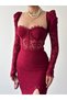 Women's Burgundy Midi Dress with Lace Detail, Slit, Long Sleeves, Sweetheart Neckline - 7
