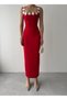 Women's Red Floral Appliqué Square Neck Strappy Fitted Midi Dress - 2