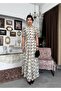 Women's Black Midi Dress Crew Neck Floral Patterned Balloon Sleeves A-Line - 5