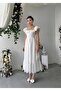 Women's White Midi Dress Square Collar Ruffled Short Sleeve Button Detail Poplin - 6