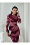 Women's Burgundy Draped Long Sleeve Round Neck Midi Evening Dress - 6