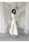 Women's Ecru Button Detailed V-Neck Long Sleeve Chanel Textured Midi Dress - 8