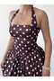 Women's Brown Mini Dress Polka Dot Halter Neck Gathered Balloon Skirt Satin - 4