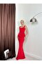 Women's Red Maxi Fish Cut Square Neck Strap Draped Evening Dress