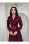 Women's Burgundy Poplin Shirt Collar Long Sleeve Buttoned Cover Detailed Midi Dress - 2