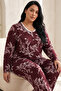 Burgundy Patterned Buttoned Cotton Lycra Large Size Oversized Knitted Pajama Set26240955