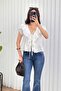Women's White Lace Detailed Tie-Up V-Neck Flounce Peplum Blouse - 4