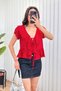Women's Red Lace Detailed Tie-Up V-Neck Flounce Peplum Blouse