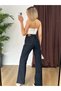 Women's Navy Blue High Waist Straight Leg Denim Jean Trousers with Pocket Detail - 4