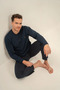 Navy Blue Embroidery Detailed Men's Cotton Pajama Set - 8