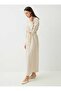 Straw Belt Detailed Full-Length Buttoned Hijab Dress - Beige Striped - 7