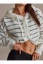Pu-2026-05 Women's Ecru Striped Hooded Buttoned Knitwear Cardigan - 4