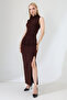 Brown Draped Turtleneck Slit Long Evening Dress - 3