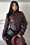 Women's Corset Detailed Stand Collar Crop Biker Leather Jacket