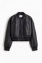 Bomber Coated Pilot Zippered Double-Pocket Ribbed Black Leather Jacket - 8