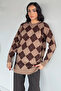 Beige Women's Plaid Patterned Crew Neck Knit Sweater