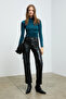 Solema Women's Slim Petrol Blue Blouse with Drawstring Detail at the Crew Neck - 5