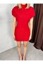 Women's Red Mini Bodycon Draped Collar Dress with Draped Shoulder Detail - 2