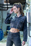 Women's Brown Crop Denim Shirt Jacket Pocket Detail Buttoned Tassel Long Sleeve - 3