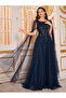 Navy Blue Embellished Mesh Cape A-Line Maxi Evening Dress - 6