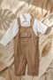 Baby Boy Brown Linen Textured Salopet and White Shirt Set - 100% Cotton Natural Design - 2