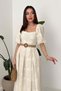 Women's Stone Midi Embroidered Square Collar Balloon Sleeve Pocketed Cotton A-Line Dress - 3