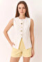 Women's Regular Crew Neck Gold Button Detailed Lined Woven White Vest - 5