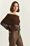 Women's Madonna Collar Diamond Patterned Knitwear Brown Anthracite Sweater - 2