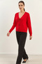 Women's V-Neck Knitwear Red Cardigan with Pearl Bow Accessories - 3