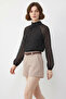 Women's Polka Dot High Neck Cape Cut Princess Sleeve Lined Chiffon Bitter Coffee Blouse - 3