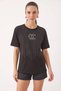 Women's Crew Neck Short Sleeve Beaded Stone Printed Loose t Shirt Black - 7